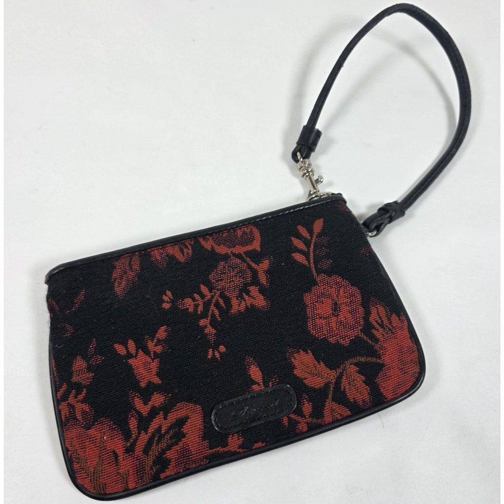 Fossil Floral Wristlet Black Red Tapestry Zip Pouch Small Handbag Wallet